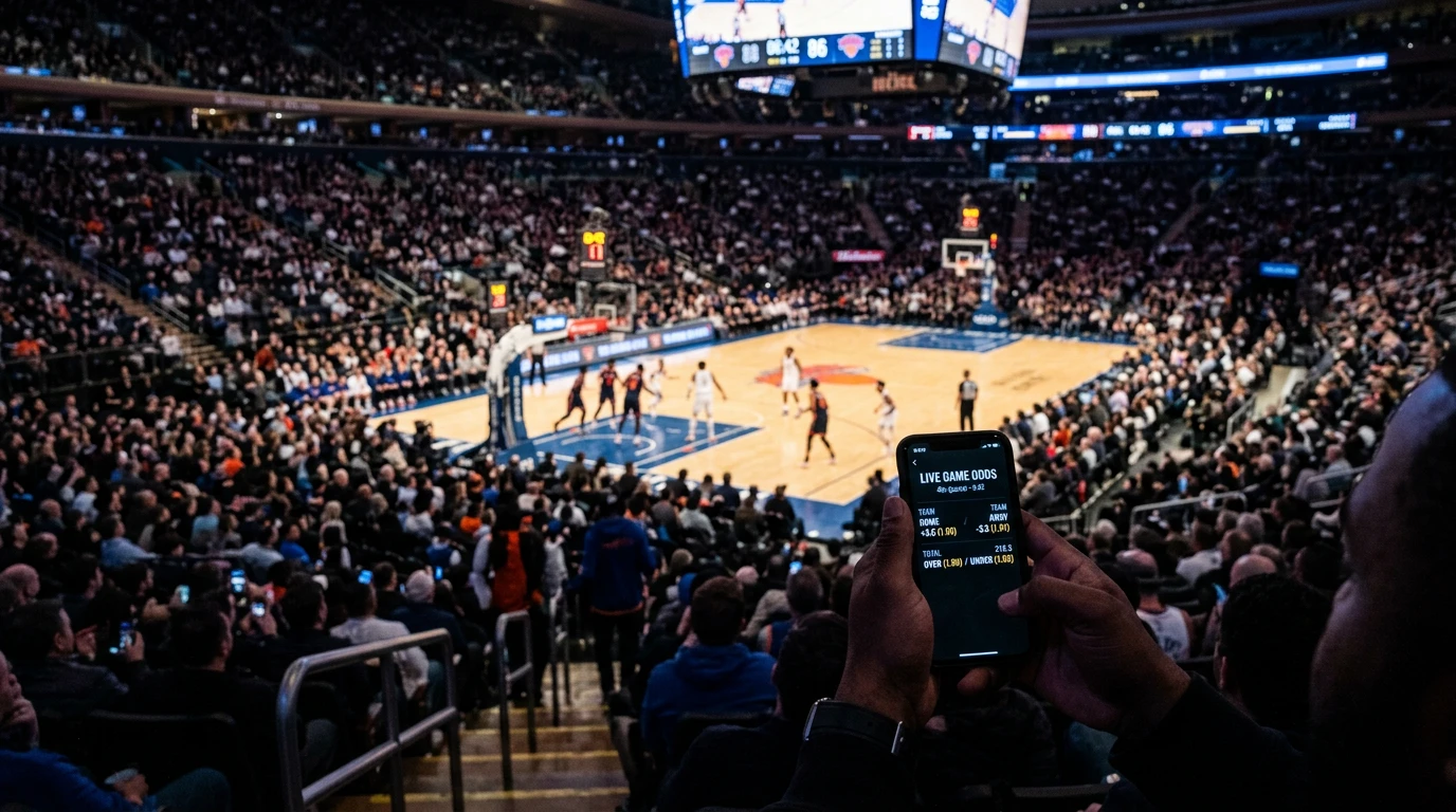 Aficionados siguiendo un partido NBA en vivo desde las gradas con dispositivos moviles