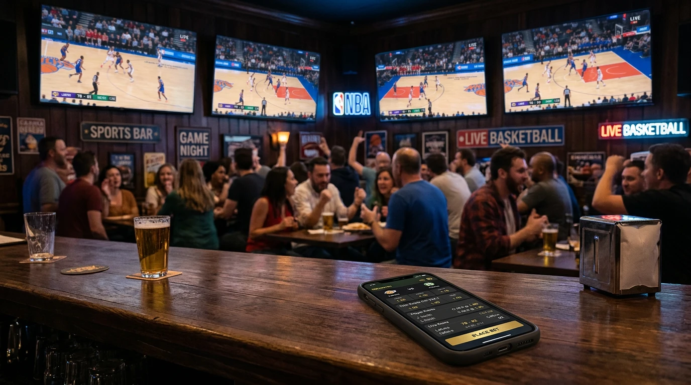 Volumen de apuestas en partidos NBA con pantallas mostrando cuotas en directo